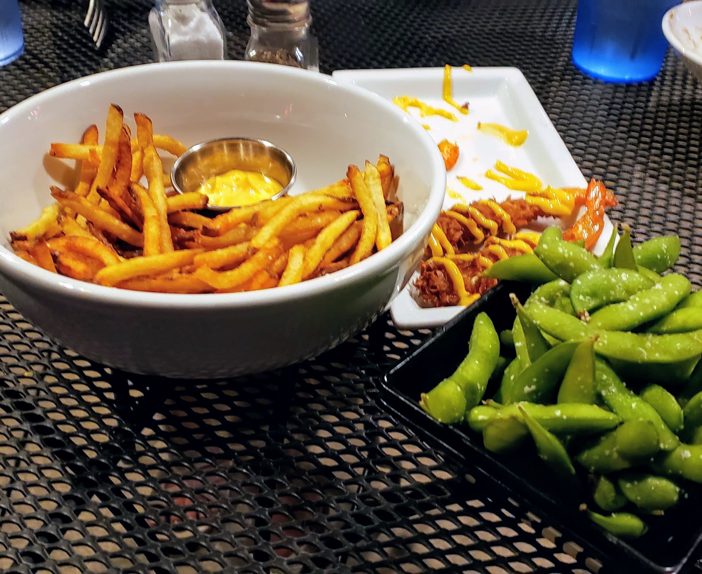 French fries, shrimp and edamame appetizers